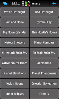 Screenshot of Orrery other pages menu